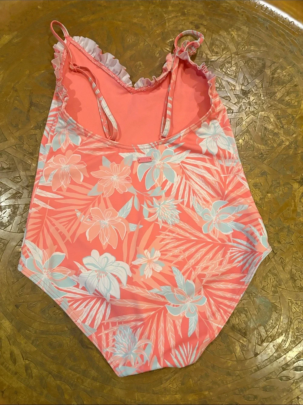 Roxy Girls' Coral Floral One-Piece Swimsuit with Light Blue Accents
